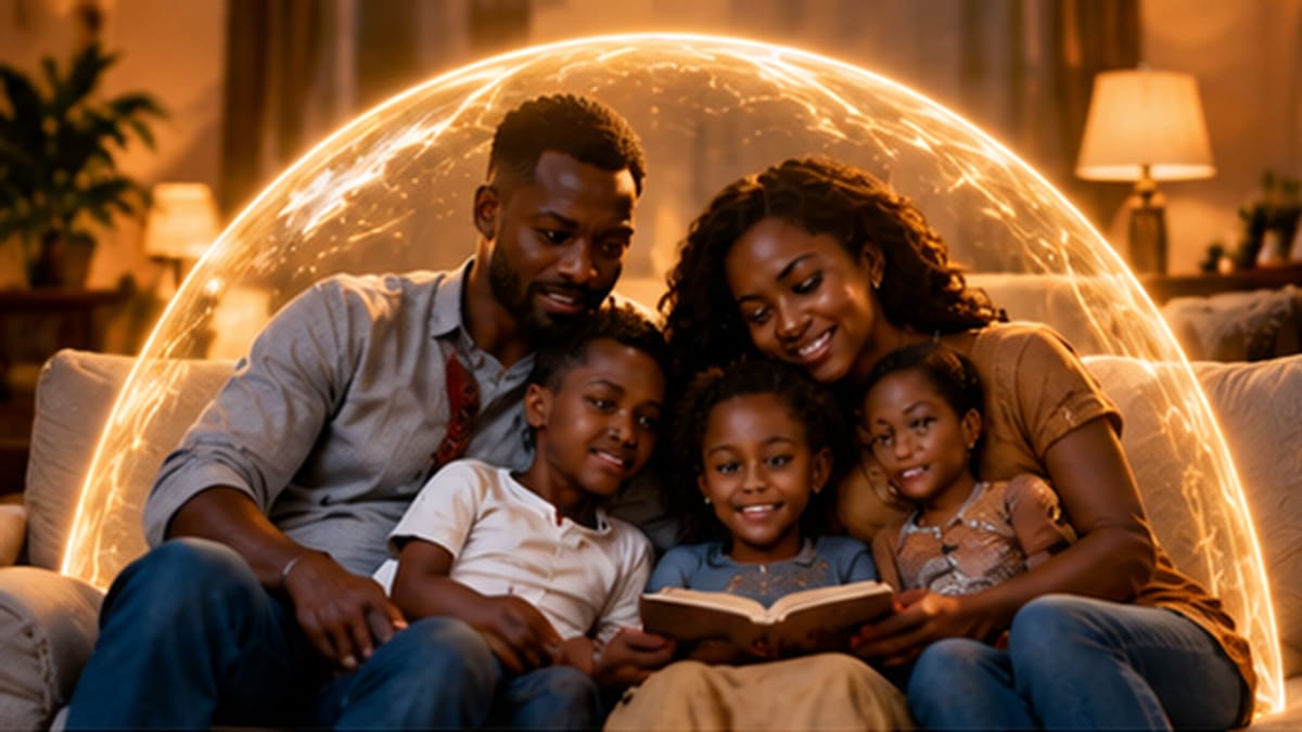 Famille réunie sur un canapé sous un dôme de lumière protecteur