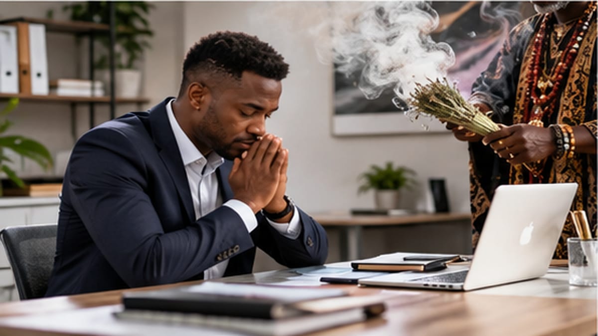 Homme en prière à son bureau pendant une fumigation